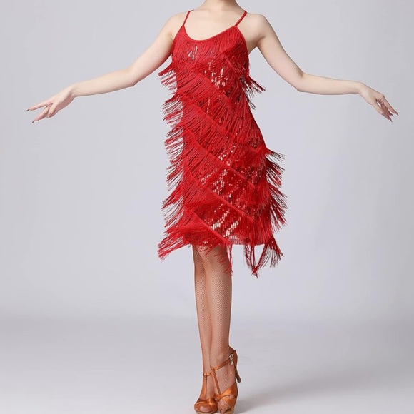 Women Salsa Latin Dance Dress Sequin Tassel Fringe Flapper Dress 1920s - Picture 9 of 9